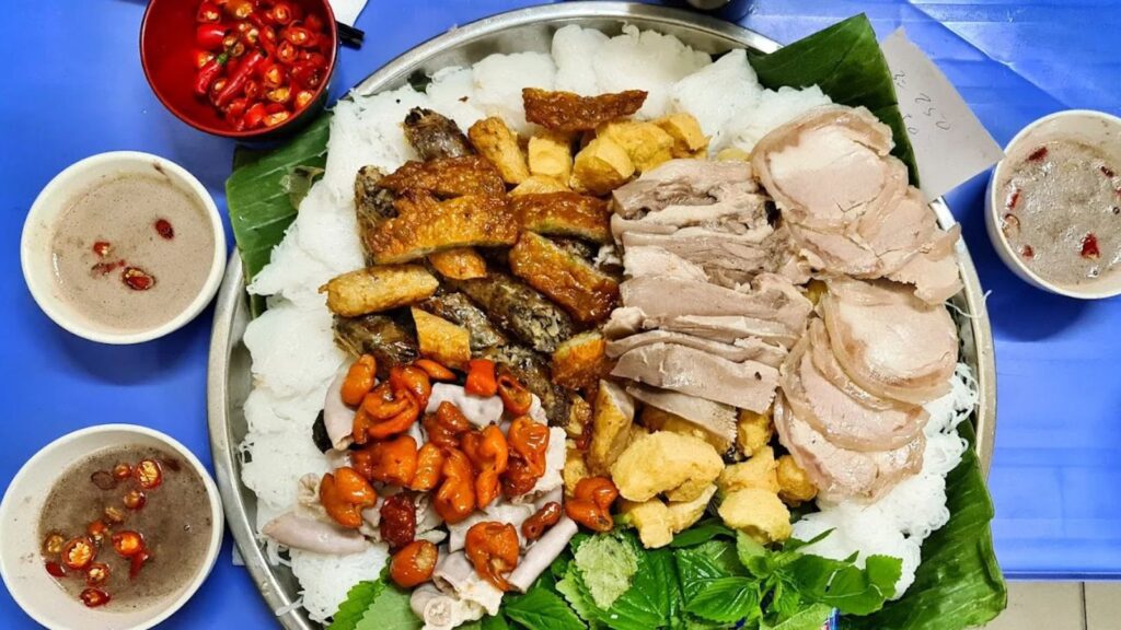 vietnam food tour with vermicelli with fried tofu and shrimp paste