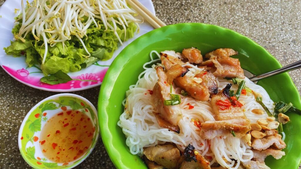 grilled pork noodle bowl in Vietnam